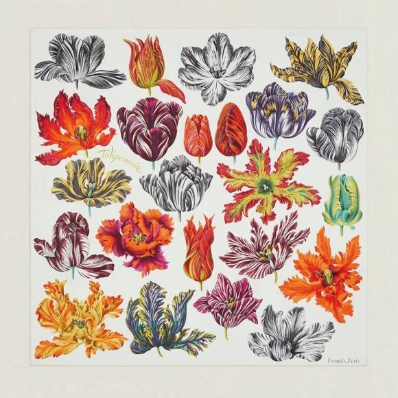 NWT New Box HERMES Tulipomanie Scarf 90cm Blanc/ Corail 100% Silk Carre Unused - Picture 1 of 6